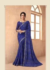 India Silk Dark Blue  Chiffon Saree Features A Beautifully Attached Banarasi Border Combining The Softness And Flow Of Chiffon